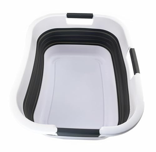 SAMMART 30L zusammenklappbarer Kunststoff-Wäschekorb – faltbarer Pop-Up-Aufbewahrungsbehälter/Organizer – tragbare Waschwanne – platzsparender Korb/Korb (1, Weiß/Stahlgrau)