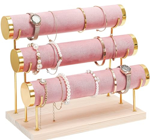 ProCase Support de bracelet en forme de T à 3 étages - Amovible - Support de bijoux - En velours - Avec base en bois - Pour bracelets, pinces à cheveux, montres - Rose