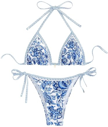 WDIRARA Women's 2 Piece Boho Swimsuits Floral Print Halter String Triangle Bikini Set Beach Bathing Suit Blue and White Small