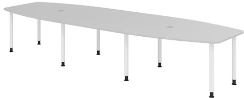 bümö Konferenztisch oval 400x130 cm in grau, Tischfüße in Weiß - Großer Besprechungstisch, Meetingtisch für 14 Personen, XXL-Tisch für Konferenzraum, Meeting & Besprechungsraum