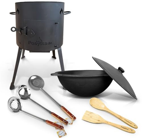 Utschak - Hornillo de hierro fundido con base redonda con tapa (10 L) KazanoFF, Учаг, exterior, brasero, camping, kazán, cañón de goulash, horno holandés (juego 5)