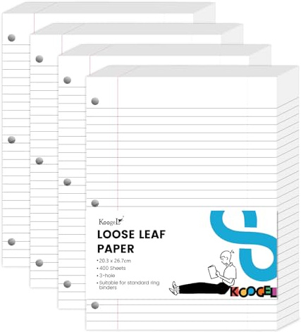 Koogel Nachfüllpapier, liniert, 3 Löcher, für A4, A5, Notizbuch, Planer, Schule, Büro, 20,3 x 26,7 cm, Weiß, 400 Blatt