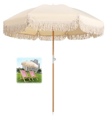 ELZEM Beige Gartenschirm 180cm Sonnenschirm Mit Quasten Strandschirm Uv Schutz Balkonschirm Neigbar Tischschirm Wasserdicht Mit Tragetasche Für Garten Terrasse Pool Balkon/8 Rippen