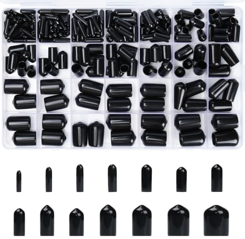 Hengxinchen 221 Pcs Protections de Filetage, 14 Tailles PVC Capuchons Ronds Réutilisables, Φ2mm-15mm Couvercle en Caoutchouc, Embouts pour Pièces Filetées Noir