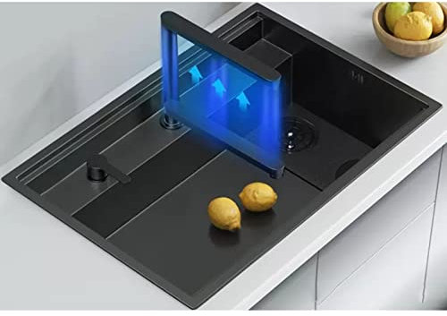 XUTNZA Lavello da Cucina, lavabo Profondo a Vasca Singola, Installazione con Montaggio a Incasso, con Rubinetto Regolabile e rondella installata nel lavello da Bar, Facile da pulire/Nero/68 * 45 cm