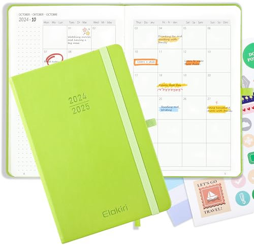 Kalender 2025 Buchkalender A5 1 Woche 2 Seiten,Terminplaner 2025 (Oct.2024-Dez.2025) mit 100 g/m² Papier,Planer 2024/2025 mit PU-Leder Hardcover Für Schulplaner,Terminkalender (Grün)