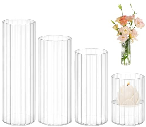 BENECREAT 4 Size Glass Cylinder Vases, 9/14/17/20cm Clear Flower Vase for Centerpieces, Glass Containers for Pillar Candle Floating Candle, Vase for Restaurants Hotels Home Decor