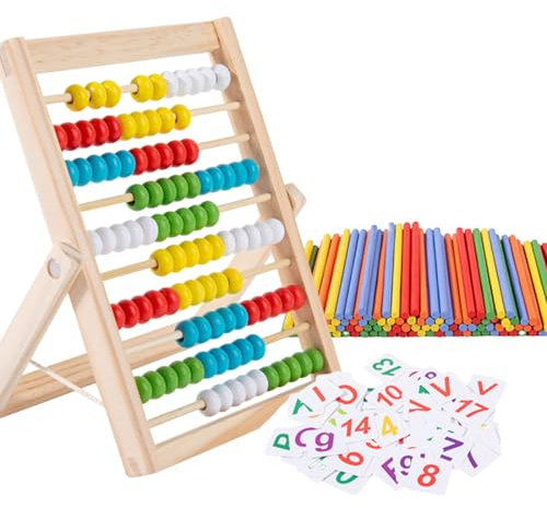SULIUDAJI Rechenschieber Rechenrahmen Kinder Grundschule Abakus Zum Zählen Und Rechnen Holz Rechenschieber Mit 100 Perlen 100 Zählstäbchen Zahlenalphabetkarten Aufklärung Spielzeug Für Kinder