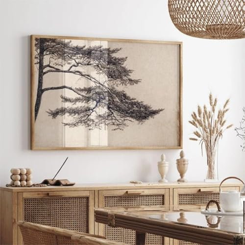 Leinwandbild XXL Kiefernbäume, Vintage, rustikale Skizze, Zweig, Landschaft, Poster und Drucke, Leinwanddruck, Wandkunst, Bild, Dekor, 80 x 120 cm, ohne Rahmen