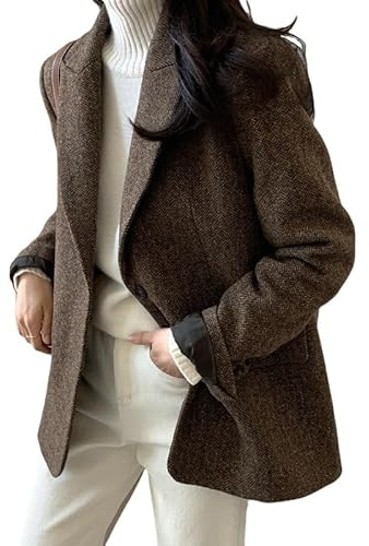 LCDIUDIU Giacca Blazer A Spina Di Pesce In Tweed Da Donna Per Donna Trench Di Media Lunghezza Elegante Cappotto Monopetto Trench In Misto Lana Montgomery Cappotto Antivento Marrone Xl