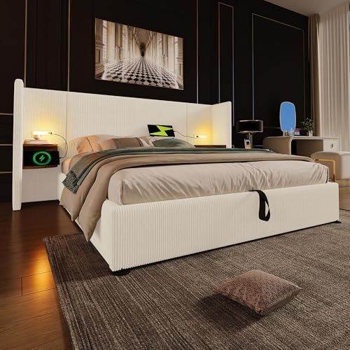 Polsterbett Doppelbett 180×200cm mit Nachttisch, Leselampe und USB Type-C Ladefunktion, Bettanlage Stauraumbett Bettgestell mit Lattenrost aus Massivholz und Metall(Ohne Matratze) (Beige-Weiß)