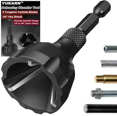 YUEARN Deburring External Chamfer Tool with Tungsten Carbide Blade, Remove Burrs for Copper Steel Aluminum, Deburring Drill Bit Bolt Thread Repair Tool with Quick Release 1/4 Hex Shank (1/8-3/4)