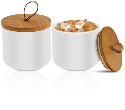 Keramik Vorratsdose mit Deckel, 2 Stück Vorratsdose aus Keramik, Kaffeedose, Luftdicht Behälter Mit versiegeltem Bambusdeckel, Lebensmittelbehälter für Kaffeebohnen, Zucker, Tee, Gewürze(Weiß, 260 ml)