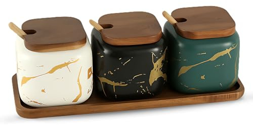 Keramik Gewürzgläser 3er Set, Viereck Keramikdose mit Löffel, Bambus Deckel und Tablett, Gewürzdosen Vintage Zuckerdose, 12.8 oz/380ml Gewürzständer Küchenbehälter für Salz Kaffee Tee Gewürze Zucker