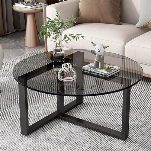 Kreativer Runder Couchtisch Aus Glas Mit Metallrahmen,Runder Wohnzimmertisch Mit Platte Aus Gehärtetem Glas,Mit Stauraum,Boden-Tee-Tisch,Schwarzer Sockel,Cocktail Beistelltisch(Black,70cm/27.5in)