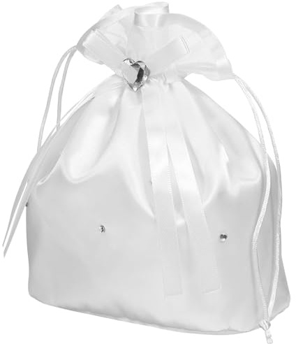 SHINEOFI Weiße Braut Dolly Tasche Aus Satin Mit Handgenähten Perlenverzierungen Elegante Brautjungfern Handtasche Für Hochzeit 8.27X8.86X0.79 Zoll Kordelzugbeutel Mit Strass