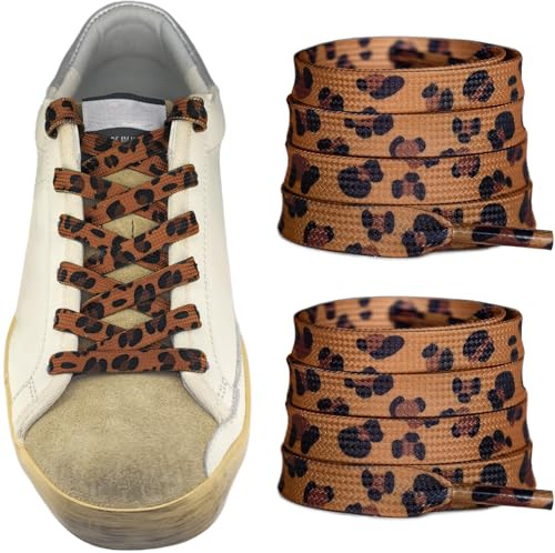 UamGlsob Lazos Leopardo Salvaje para Sneakers, Botas y Zapatillas, 8mm Cordones Planos con Estampado Animal Print Manchas (Brown-Black,54/140cm)