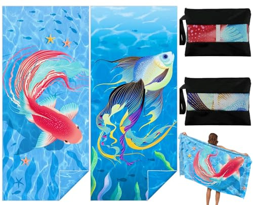 Bingobang 2 Pack Microfiber Beach Towels for Adults Extra Large 180×90 cm | Quick Dry Lightweight Beach Towel with Net Bag, Thin Sand Free Travel Towels for Camping Vacation Gift (Goldfish)