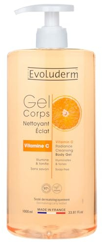 EVOLUDERM – Gel Corps Nettoyant Éclat Vitamine C – 1000 ml – 97% d’Origine Naturelle – Végan – Fabrication Française