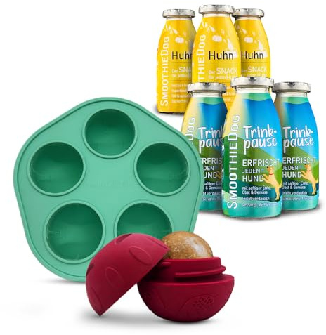 SmoothieDog Schleckball + SmoothieDog Hundesmoothie 3 x Trinkpause und 3 x Huhn - Schleckball für Hunde, Snackball, zur Beschäftigung, bpa frei, robust, befüllbar, zum einfrieren