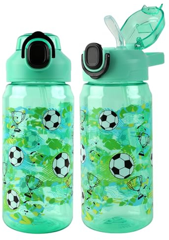 MHwan Gourde Enfant, 600 Ml, Robuste, Incassable, Anti Fuite, Sans BPA, Ouverture par Simple Pression, Facile à Nettoyer, avec Paille, Idéale pour l'École et l'Extérieur (Football)