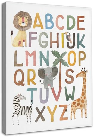 Dazzlewall ABC Kinderzimmer Wandbilder, Boho Alphabet Safari Tier Druck Leinwand Bilder für Kinder Schlafzimmer Wohnzimmer Deko 30×40 cm Mit Rahmen