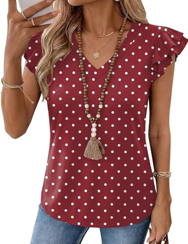 LOMON Sleeveless Blouses for Women Ruffle Cute Tank Tops for Women V Neck Womens Clothes Trendy 2026 Summer Outfits (Polka R) XS
