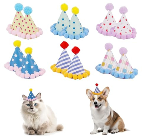 12 Stück Bunte Mini Partyhüte, Niedliche Pom Pom Mini Geburtstagshüte Papier Kegel Kopfschmuck für Hund Katze Kaninchen Haustier Kuscheltiere Puppen Party Dekoration (6 Stile)