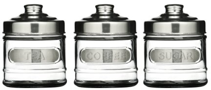 Premier Housewares 350 ml Round Glass Tea, Coffee and Sugar Jars with Aluminium Lids - 8.5 x 11 cm, Set of 3