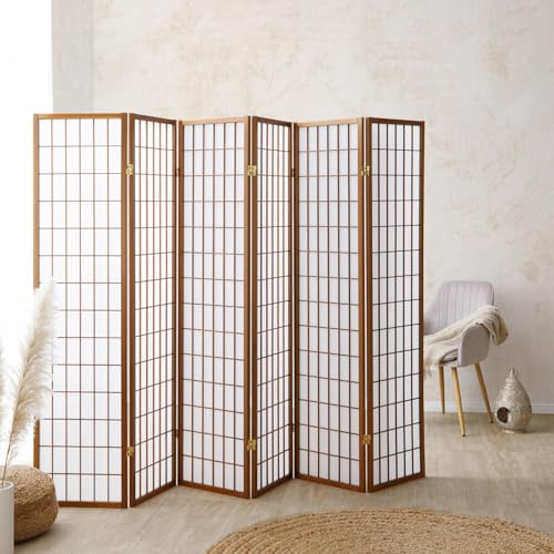 Homestyle4u 227, Paravent Raumteiler Innen 6 teilig Holz Braun Trennwand Sichtschutz Reispapier Weiß Höhe 175 cm