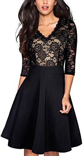 HOMEYEE Vintage Cocktail 3/4 Manica Pizzo Floreale Ricamato delle Donne Vestito Svasato A062(EU 40 = Size L,Nero)
