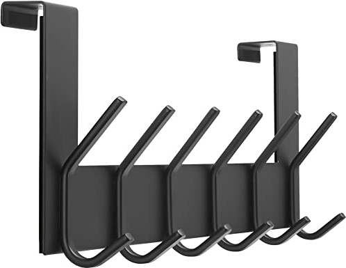 Dseap Türhaken – für Tür bis 4,5cm Dicke, Edelstahl Türgarderobe Türhakenleiste Türaufhänger Kleiderhaken Tür Zum Einhängen Kleidung Hut Handtuch Mantel, Mit 6 Flachen Haken, Schwarz