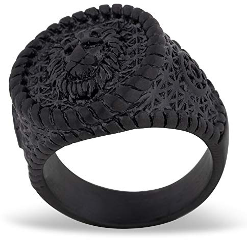 Akitsune Imperator Ring | Bague Design Femmes Hommes Acier Inoxydable Grand Sceau du Roi Lion - Noir - US 11