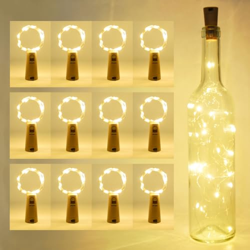 Aiguozer 12 Stück LED Flaschen Licht Korken Warmweiß, 20 LEDs 2M Flaschenlicht Lichterkette mit 36 Batterien(24 extra) Weinflasche Nacht Licht, für DIY Deko Party Urlaub