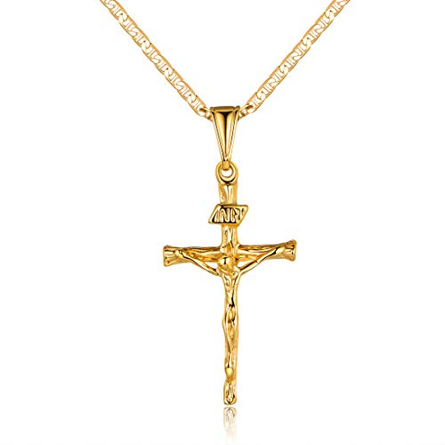 Barzel Cross Necklace for Women & Men 18K Gold Plated Flat Mariner/Marina 060 3MM Chain Necklace With Italian Cross Pendant (Gold Cross, 18)