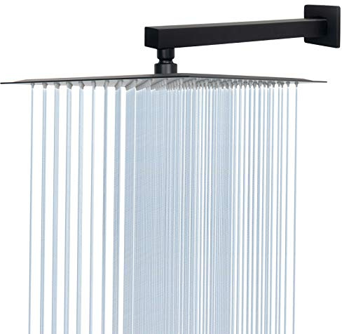 HarJue Cabezal de ducha con brazo de extensión, cuadrado de alta presión con brazo de ducha, lluvia de acero inoxidable, cobertura completa de cuerpo (ducha de 12 pulgadas con brazo de 16 pulgadas