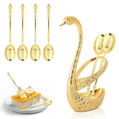 6-teilige Kaffeelöffel, Edelstahl-Teelöffel mit Schwanenform-Löffelhalter für Dessert Kuchen Eis 13cm(Gold)