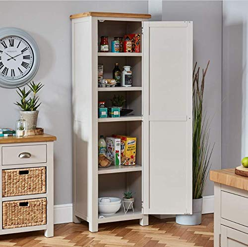 Cotswold Grey Painted Single Shaker Kitchen Pantry Cupboard with Adjustable Shelves, Natural Oak Top, Brushed Steel Handles - H 1900mm x W 600mm x D 450mm