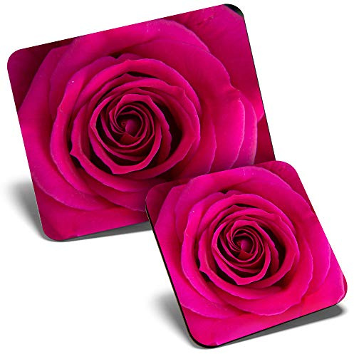 Mouse Mat & Coaster Set - Hot Pink Fuchsia Rose Flower 23.5 x 19.6 cm & 9 x 9 cm for Computer & Laptop, Office, Gift, Non-slip Base #21702