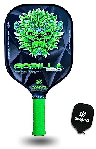ZCEBRA Pickleball Paddle Graphite – Raquette en Fibre de Carbone renforcé 16 mm d'épaisseur de Panneau d'abeille en polypropylène Texture Rugueuse – Set Housse en néoprène – Gorilla Pro Green
