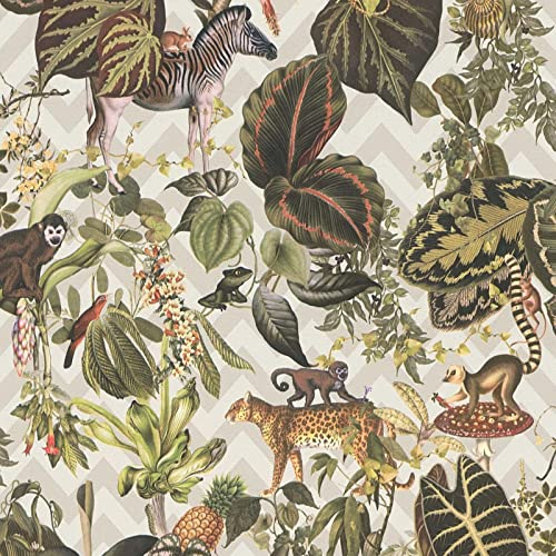 Tier Tapete tropisch | Wohnzimmer und Schlafzimmer Vliestapete mit Leopard Affe und Zebra | Dschungel Wandtapete im Urban Jungle Stil exotisch | 10,05 x 0,53 m