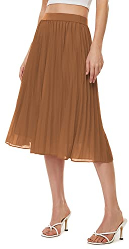 Durio Midirock Damen Faltenrock Plissee Damenrock Leicht Casualrock Chiffon Röcke A-Linie Braun 44(Tag Size 2XL)