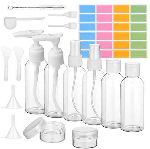 Flintronic 6-pack genomskinliga reseflaskor, 80 ml påfyllningsbara reseflaskor, reseflaskor set för toalettartiklar, schampo, kosmetisk vätska med 2 x krämlåda, 2 x droppar, 2 x tratt, 2 x