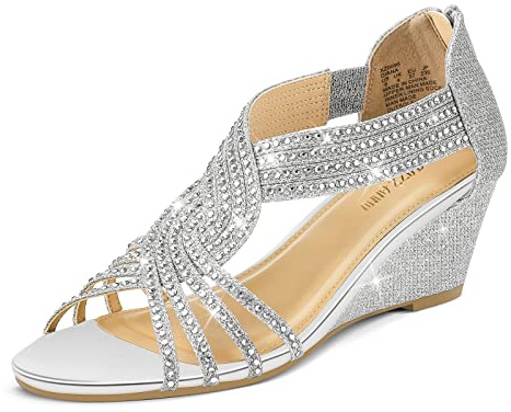PIZZ ANNU Women's Diana Low Wedge Sandals Sparkly Rhinestone Open Toe Fashion Dress Shoes for Woman Lady in Bridal Dance Evening, Silver Glitter 9