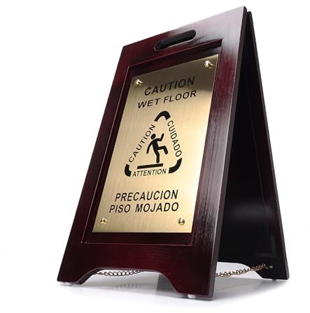 Wholesale Hotel Products Premium Wooden “Caution Wet Floor” Bilingual Sign- Real Hardwood construction, 23”x14”, non-skid plastic feet, Walnut wood/Brass plate-great for hotels, churches, offices