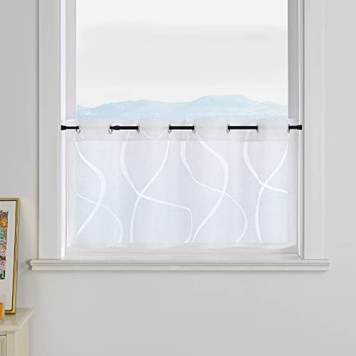 ESLIR Scheibengardine modern Bistrogardine Ausbrenner Küche Gardinen Transparent Vorhänge mit Ösen Kurzgardine Voile Wellen Muster Weiß HxB 45x120cm 1 Stück