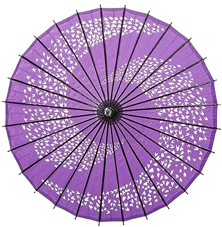 THY COLLECTIBLES Classic Art Asian Style 33 Paper Parasol Umbrella with Long Handle for Wedding Parties, Photography, Costumes, Decoration and Events - Leaves Print (Purple)
