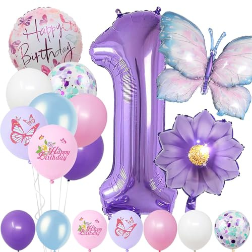 1 Jahre Set - Zahl Folienballon，22 Stück Blau Lila Geburtstagsdeko，Schmetterling Blumen Ballon，Kindergeburtstag Party Deko Zahl 1 Luftballon für Mädchen Jungen Geburtstags Festival Party Dekoration