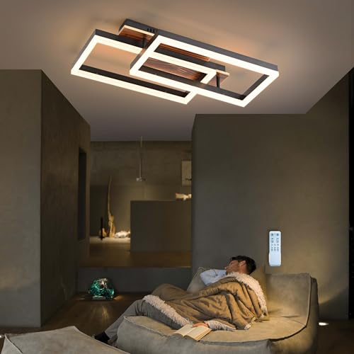 Meloweel LED Deckenleuchte Holz dimmbar, Massivholz schwarz Vintage Deckenlampe, 40W 54cm 4000lm 3000K-6000K mit Fernbedienung, Schlafzimmerlampe, wohnzimmerlampe, Memory-Funktion, 4W Nachtlicht