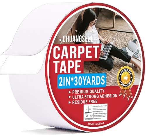 CHUANGSEED Weiß Doppelseitig Teppichklebeband Klebeband extra stark 2in x 30y(50mm x 27.4m) Doppelseitiges Klebeband Zum Verlegen Von Teppich Und PVC-Belag für den privaten Gebrauch Teppichklebeband